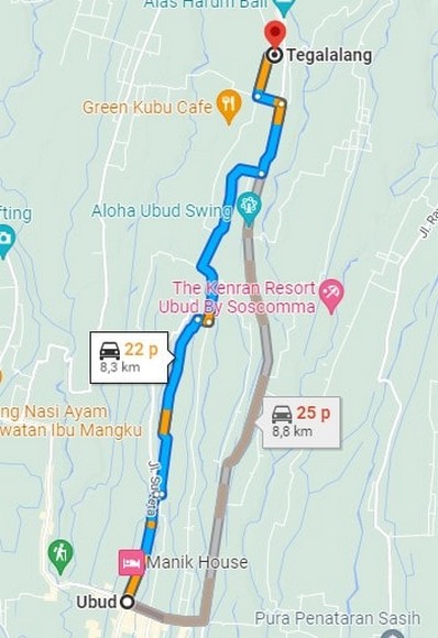 Bản đồ vị trí ruộng bậc thang Tegalalang so với Ubud