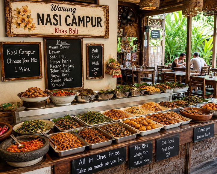 Warung nasi campur tại Ubud – bàn ăn bày sẵn nhiều món nhỏ theo kiểu tự chọn, phổ biến nhất với khách du lịch