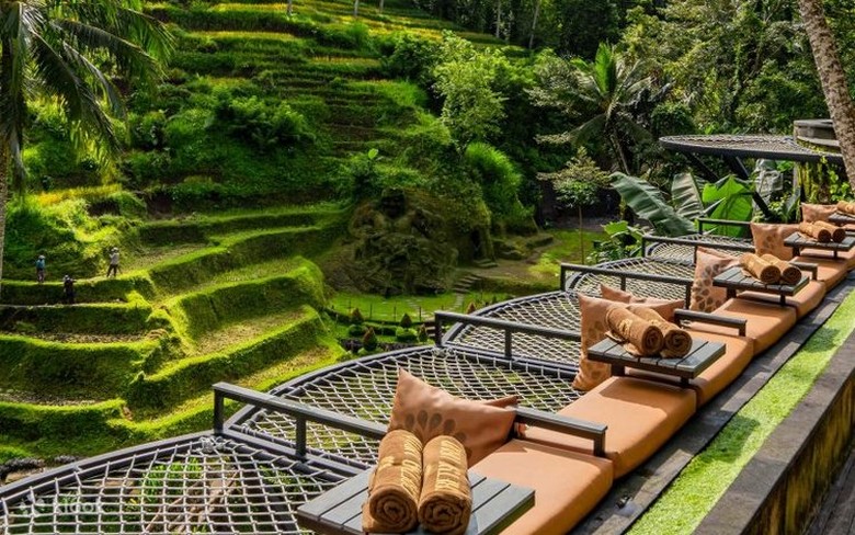 Không gian yoga ngoài trời giữa ruộng bậc thang Ubud buổi sáng sớm