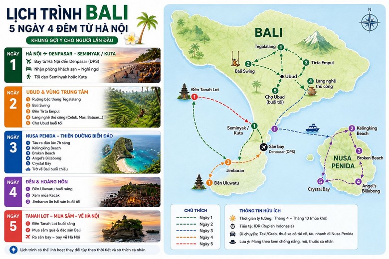 Bản đồ Bali đánh dấu các điểm trong lịch trình