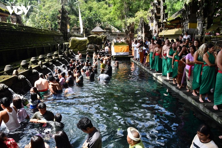 Người Bali đang thực hiện nghi lễ tắm nước thánh tại đền Tirta Empul