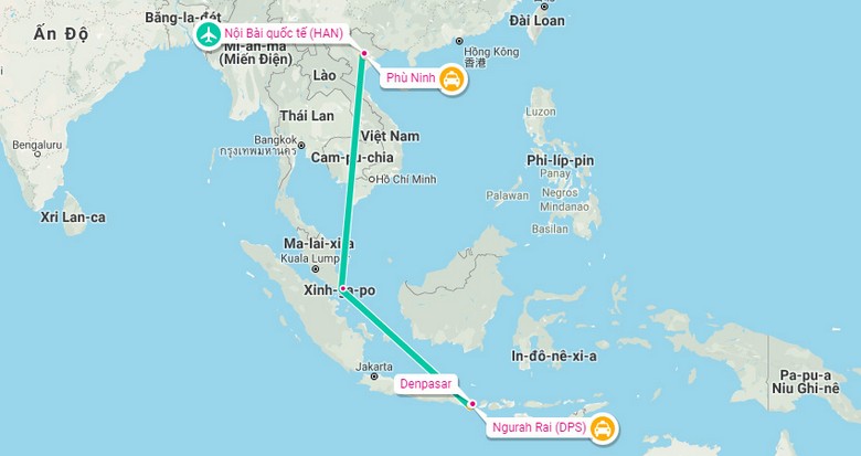 Bản đồ đường bay Hà Nội – Bali, điểm quá cảnh Kuala Lumpur và Singapore.
