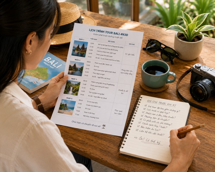 Khách du lịch đang ngồi đọc lịch trình tour,  ghi chú