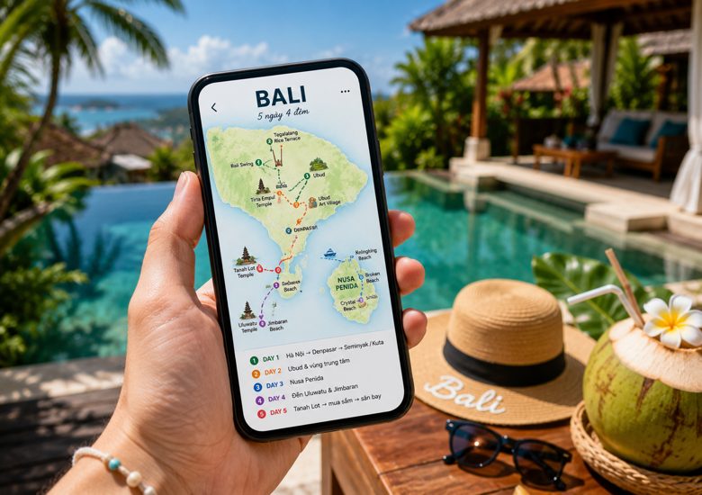 Bản đồ Bali trên điện thoại với route ngày đã được lên kế hoạch ở villa hồ bơi