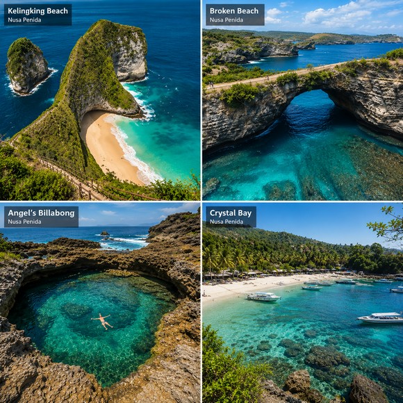Kelingking Beach nhìn từ trên cao, Broken Beach nhìn xuống vòng cung đá, Angel's Billabong bể nước xanh, Crystal Bay nước trong