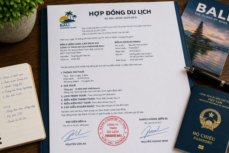 Hợp đồng du lịch Bali được ký và đóng dấu đỏ 