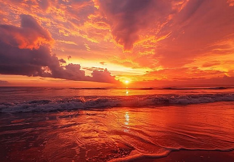 Bãi biển Kuta lúc hoàng hôn nhìn từ bờ kè, ánh sáng cam đỏ trải dài trên mặt sóng
