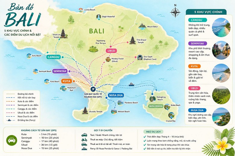 Bản đồ Bali đánh dấu vị trí 5 khu: Kuta, Seminyak, Ubud, Nusa Dua, Canggu và đường nối đến sân bay và các điểm du lịch chính.