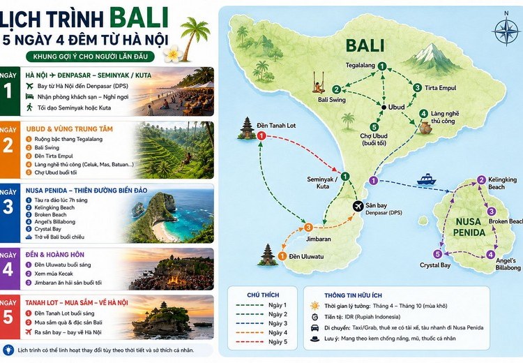 Bản đồ Bali đánh dấu các điểm trong lịch trình