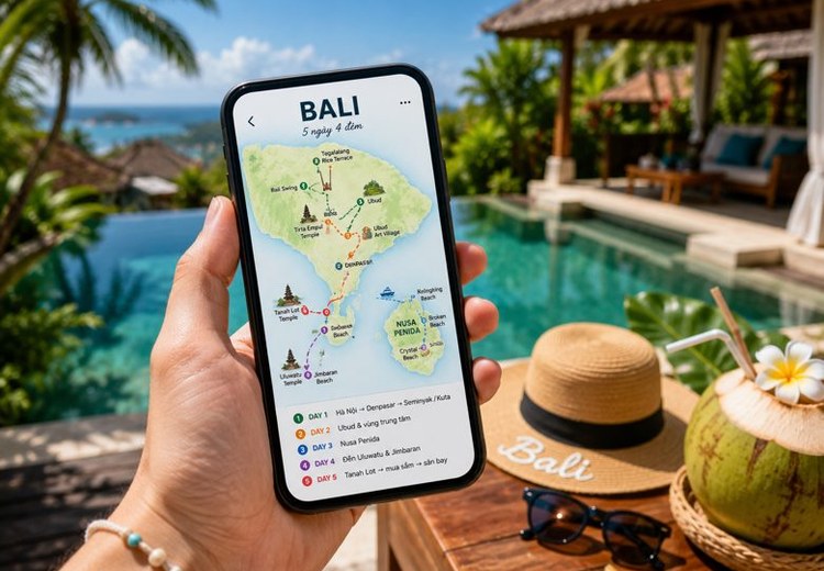 Bản đồ Bali trên điện thoại với route ngày đã được lên kế hoạch ở villa hồ bơi