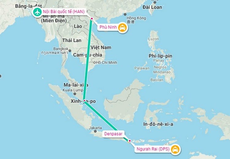 Bản đồ minh họa tuyến bay Hà Nội – Kuala Lumpur – Bali