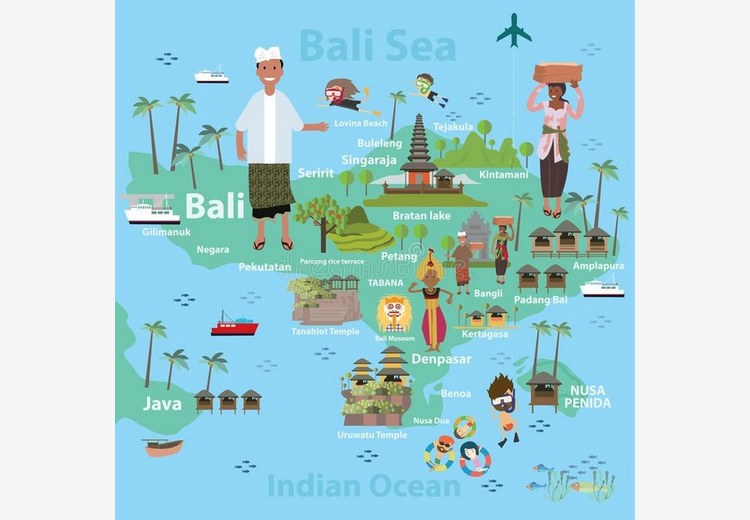 Bản đồ tổng quan 5 khu vực Nam Bali với chú thích vị trí từng khu so với sân bay Denpasar