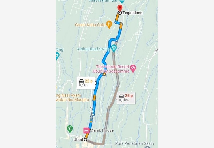Bản đồ vị trí ruộng bậc thang Tegalalang so với Ubud