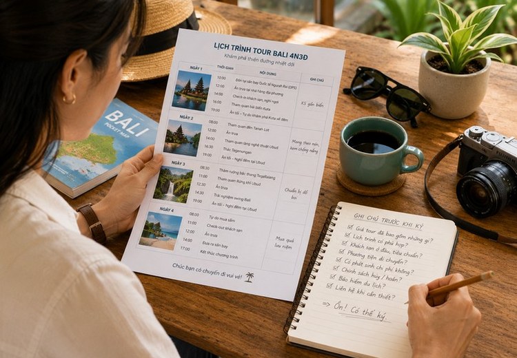 Cận cảnh tờ lịch trình tour in ra với các dòng chữ, khách du lịch đang dùng bút highlight một số câu