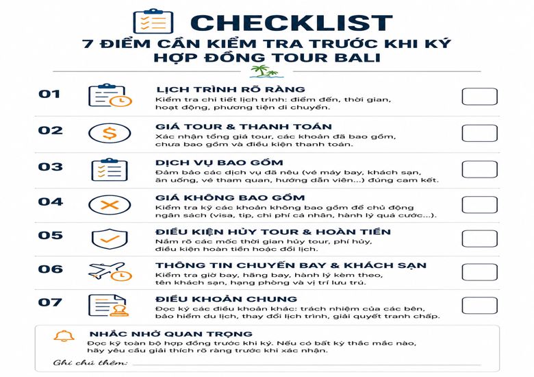 Infographic dạng checklist 7 điểm, mỗi điểm có ô tick trống, nền trắng