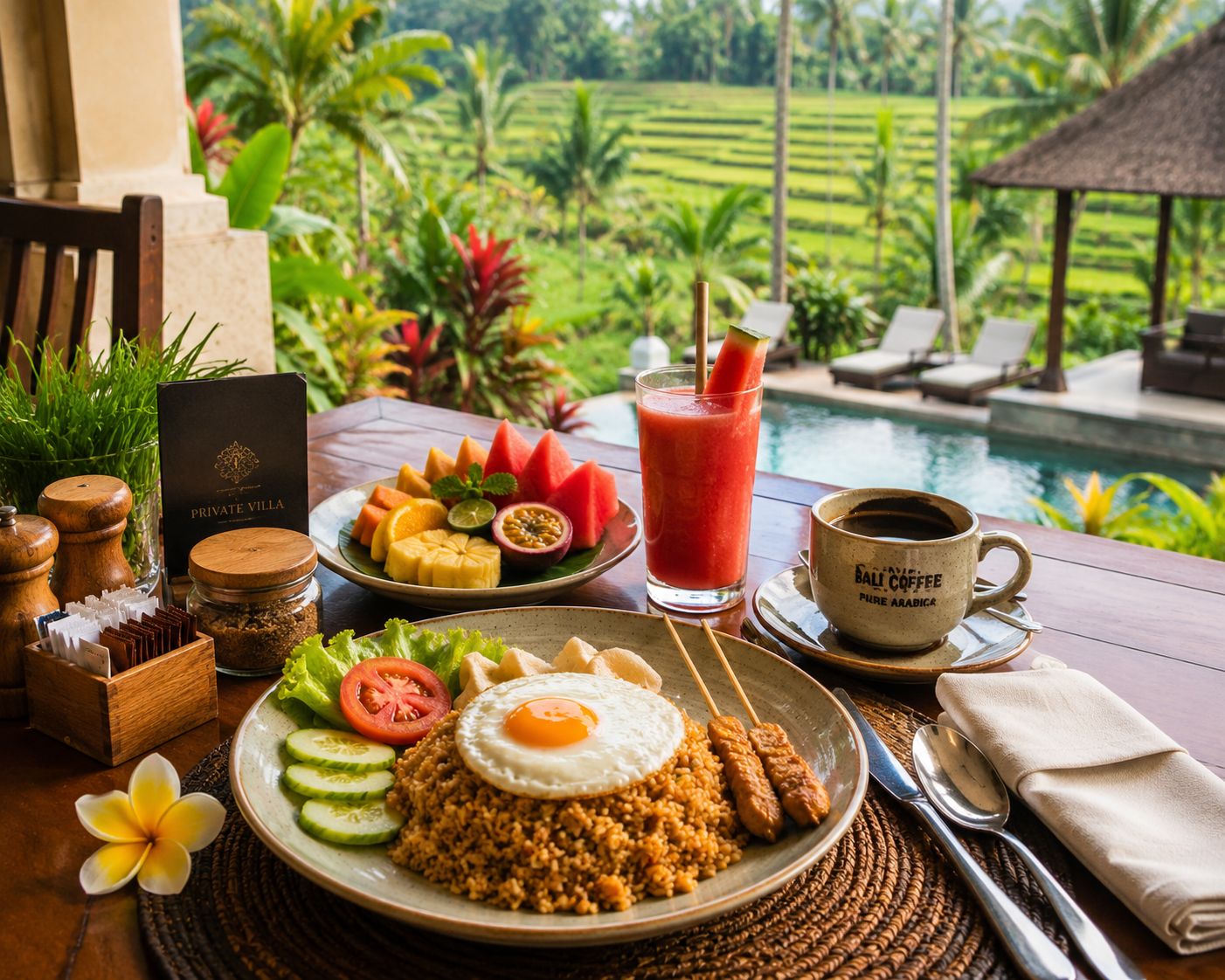 Bữa sáng tại resort Bali với nasi goreng, trái cây nhiệt đới và cà phê Bali – bắt đầu ngày mới đúng điệu