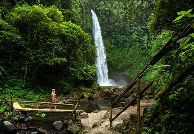 Đường mòn bậc thang dẫn xuống một thác nước trong rừng ở Bali