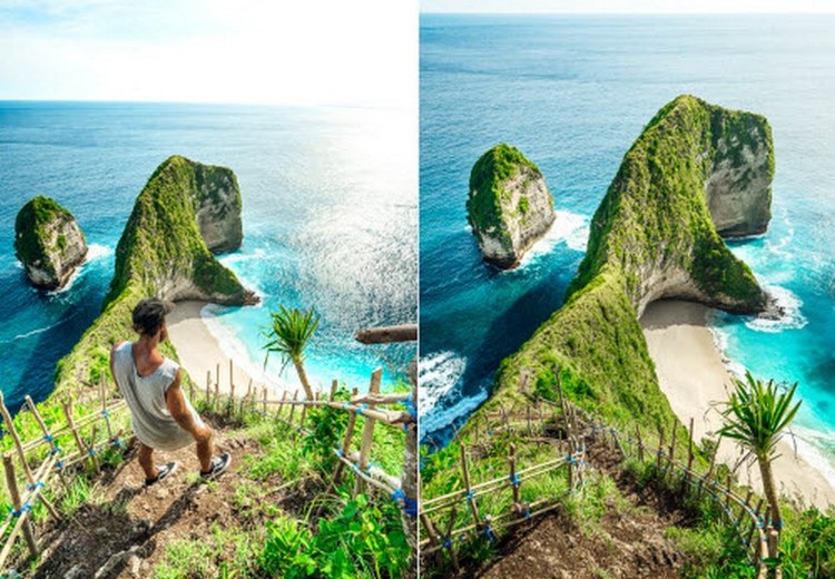 Đường mòn dốc đứng xuống Kelingking Beach — nhìn từ trên xuống, tay vịn dây thừng, đất đỏ trơn