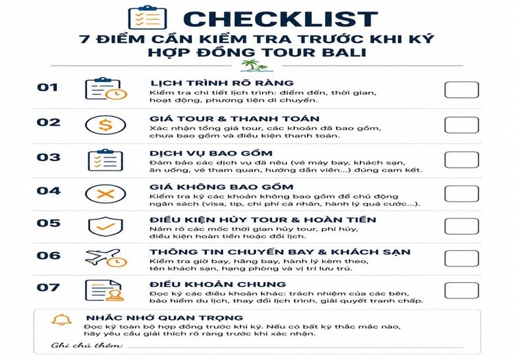 Infographic dạng checklist 7 điểm, mỗi điểm có ô tick trống, nền trắng