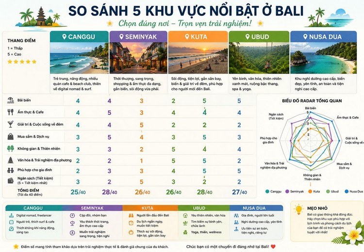 Infographic so sánh 5 khu theo dạng radar chart hoặc bảng màu sắc trực quan.
