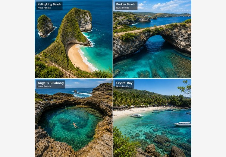 Kelingking Beach nhìn từ trên cao, Broken Beach nhìn xuống vòng cung đá, Angels Billabong bể nước xanh, Crystal Bay nước trong