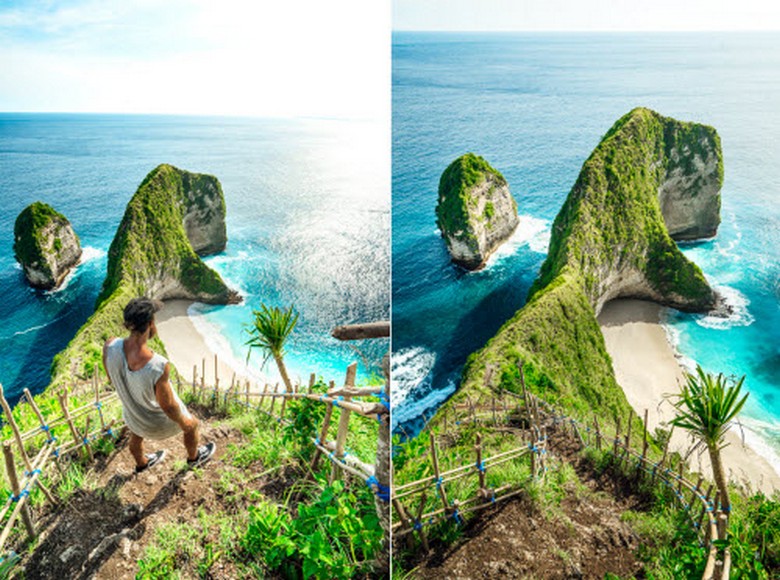 Đường mòn dốc đứng xuống Kelingking Beach — nhìn từ trên xuống, tay vịn dây thừng, đất đỏ trơn