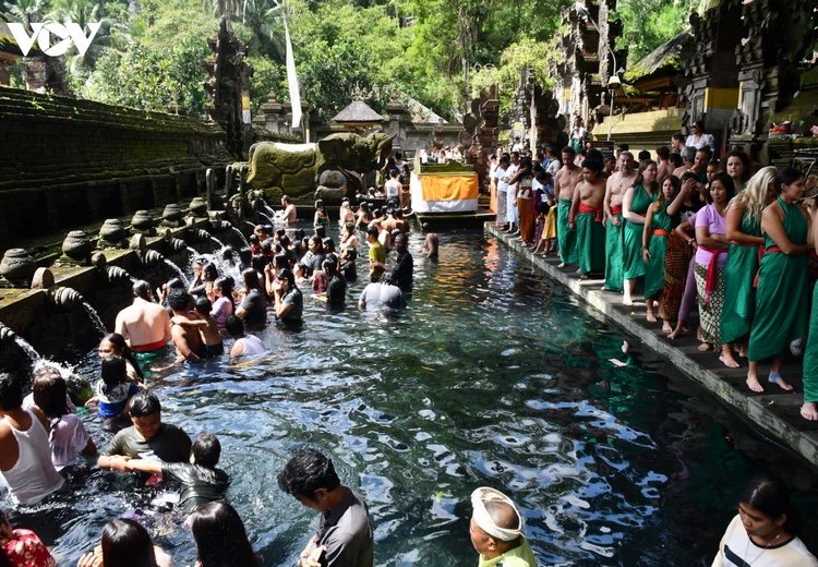 Người Bali đang thực hiện nghi lễ tắm nước thánh tại đền Tirta Empul