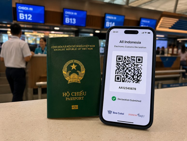 Hộ chiếu Việt Nam và QR code của All Indonesia tại sân bay