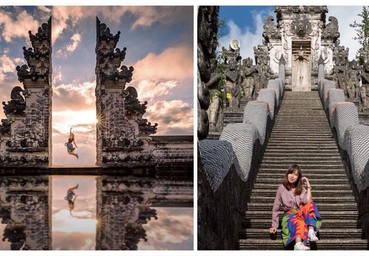Nhóm khách Việt Nam tại cổng đền Lempuyang, mặc trang phục truyền thống Bali khi vào đền
