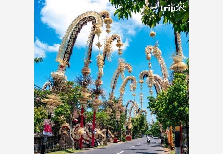 Phố làng Bali rợp cây nêu penjor trong dịp Galungan