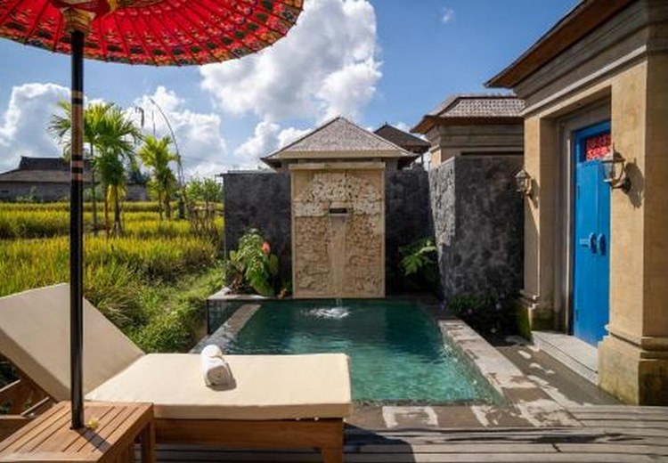 Villa hồ bơi riêng tại Ubud với cảnh ruộng bậc thang nhìn từ bể bơi, buổi chiều ánh sáng vàng ấm