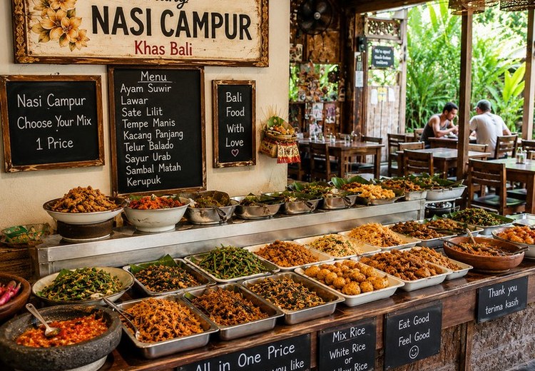 Warung nasi campur tại Ubud – bàn ăn bày sẵn nhiều món nhỏ theo kiểu tự chọn, phổ biến nhất với khách du lịch